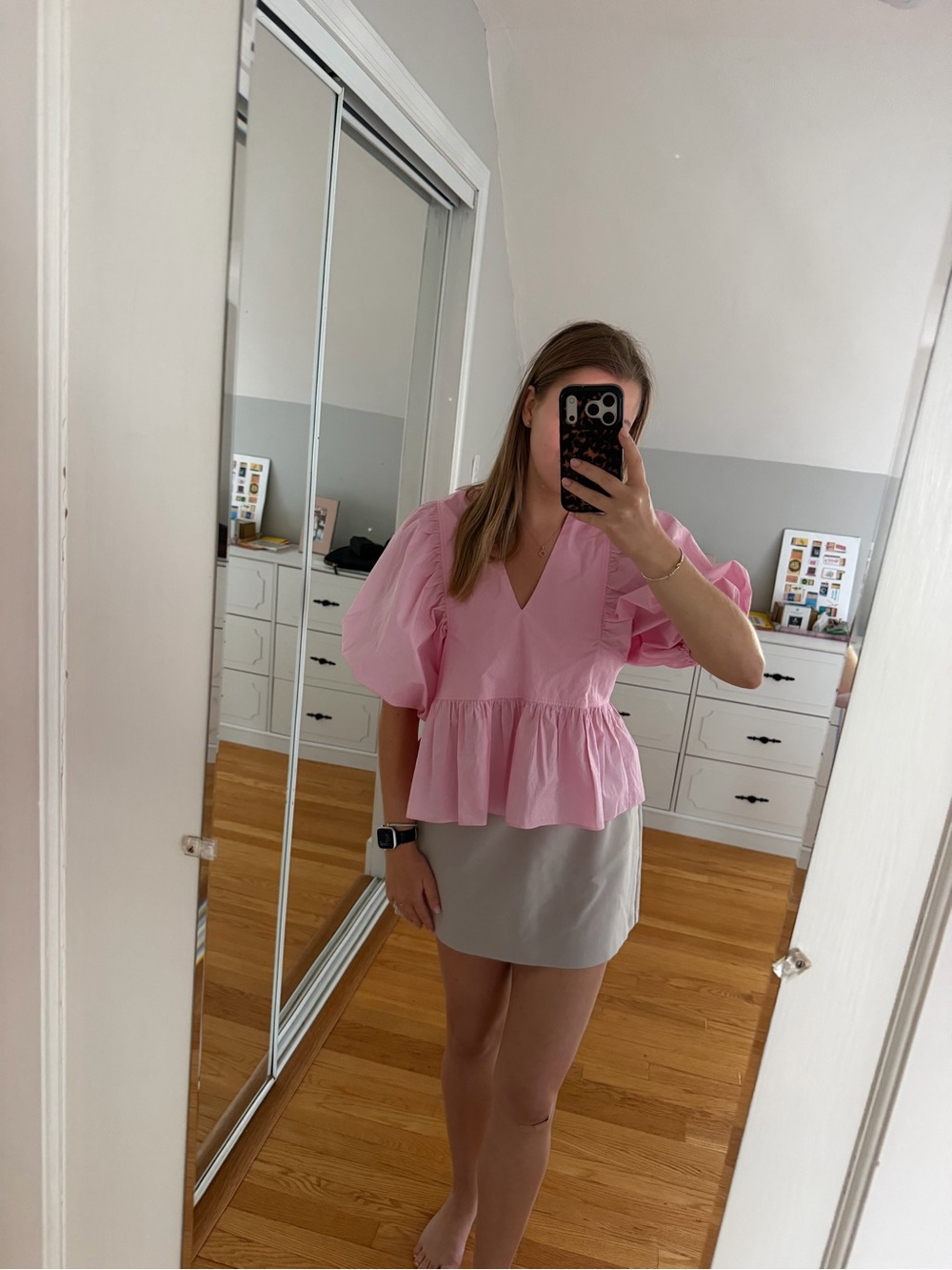 HUNTER BELL Pink Puff Sleeve Peplum V-Neck Top